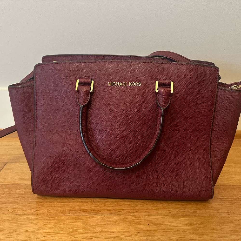 Michael Kors Burgundy Selma Largr Satchel Structured Leather Gold Hardware